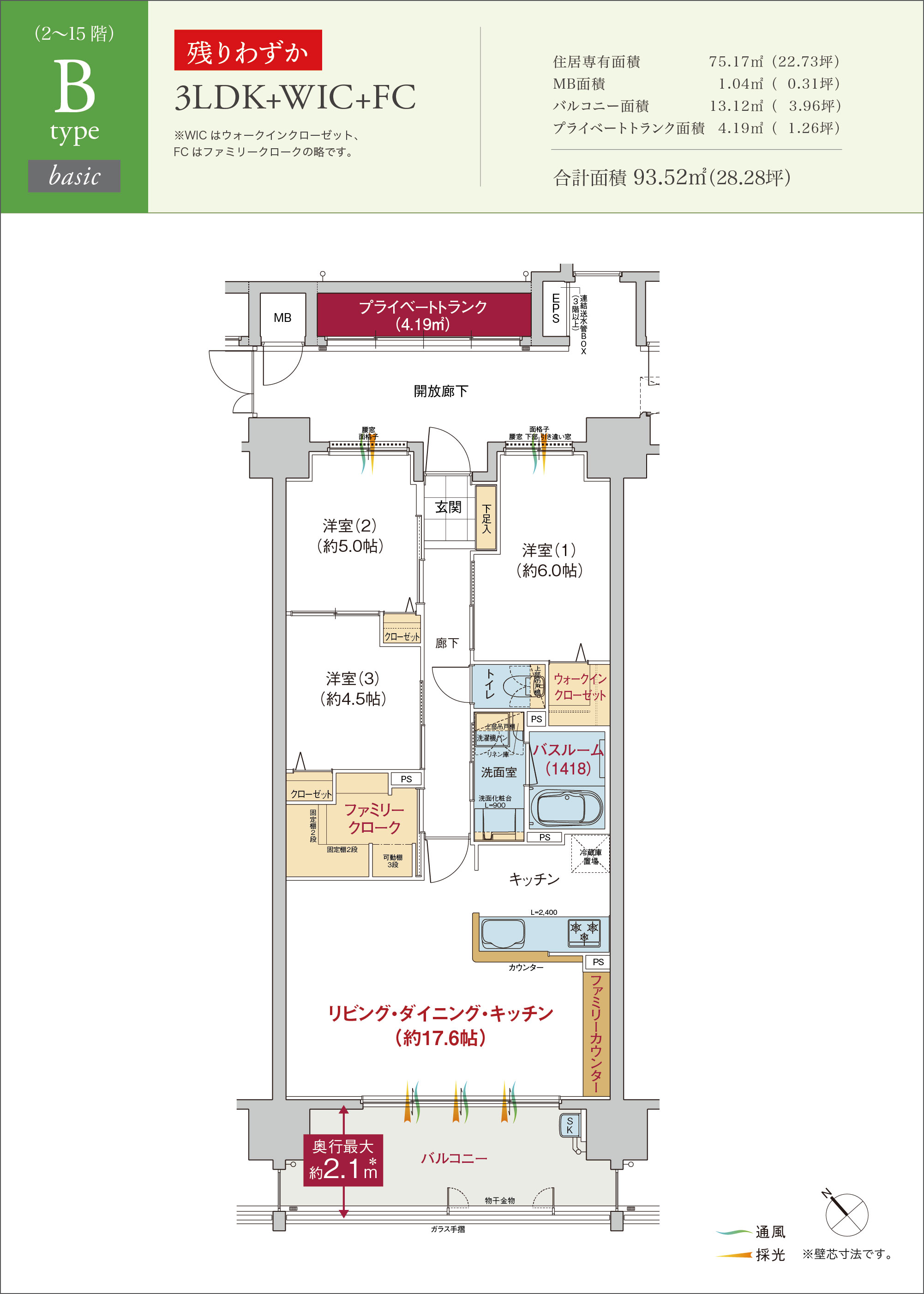 3LDK+WIC+FC 住居専有面積75.17㎡（22.73坪） MB面積1.04㎡（0.31坪） バルコニー面積13.12㎡（  3.96坪） プライベートトランク面積4.19㎡（1.26坪） 合計面積 93.52㎡（28.28坪）