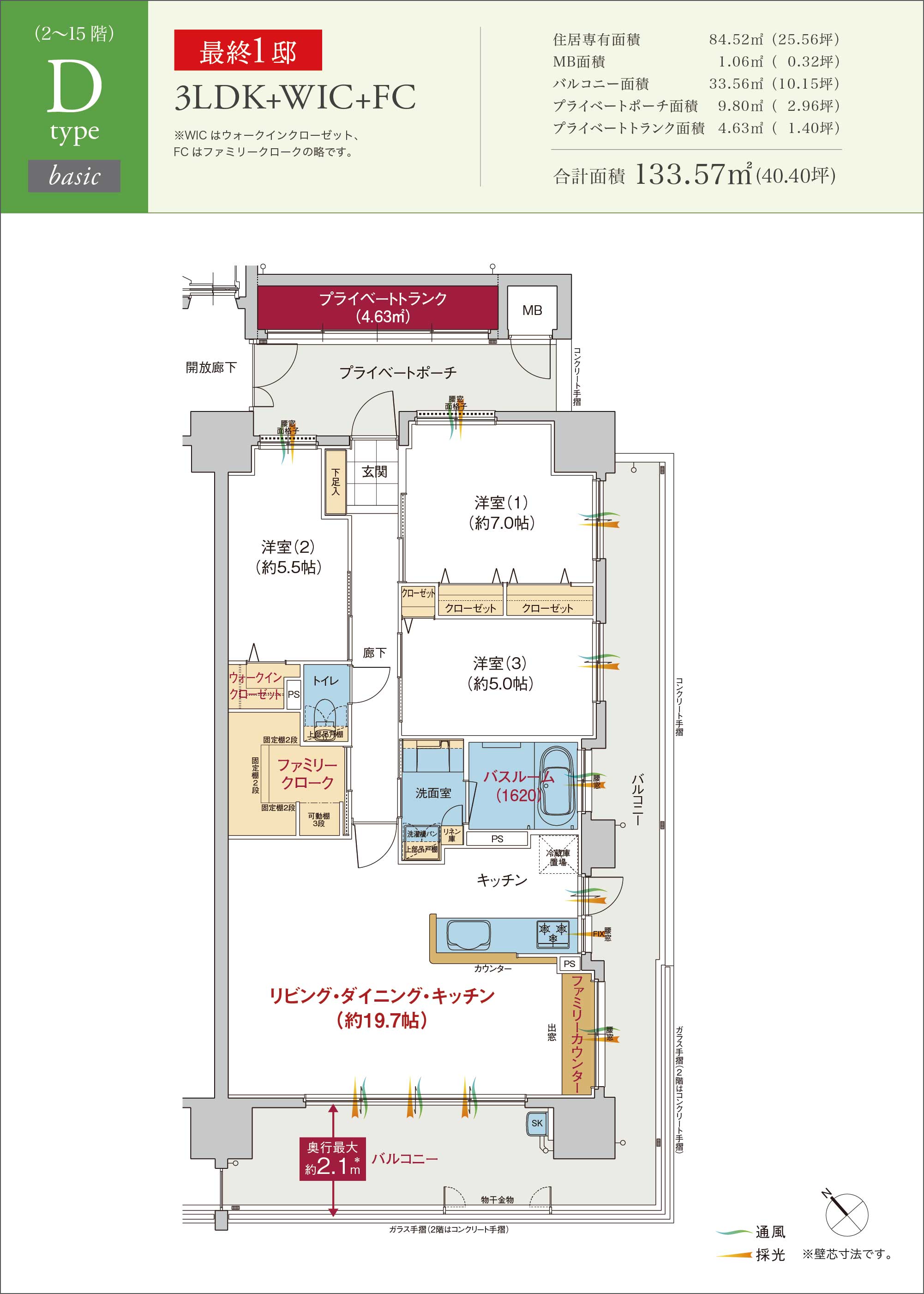 3LDK+WIC+FC 住居専有面積84.52㎡（25.56坪） MB面積1.06㎡（0.32坪） バルコニー面積33.56㎡（10.15坪） プライベートポーチ面積9.80㎡（2.96坪） プライベートトランク面積4.63㎡（1.40坪） 合計面積 133.57㎡(40.40坪)